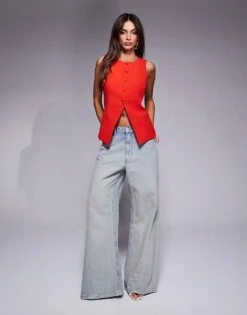 Kaiia Exclusive Tailored Split Front Waistcoat In Red For Women -Kaiia Online Shop 207588734 4