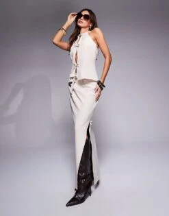 Kaiia Exclusive Halterneck Bow Top & Maxi Skirt Co-ord In Sand -Kaiia Online Shop 207588752 1 sand 1