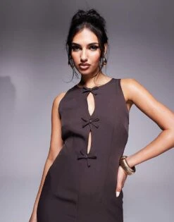 Kaiia Exclusive Cut Out Bow Detail Mini Dress In Chocolate For Women -Kaiia Online Shop 207588783 4