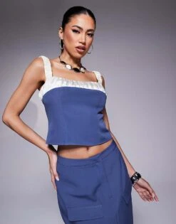 Kaiia Exclusive Contrast Satin Detail Cami Top & Tailored Pocket Detail Skirt Co-ord In Blue -Kaiia Online Shop 207588793 1 charcoal 1