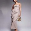 Kaiia Exclusive Linen Tailored Fold Over Bandeau Back Split Maxi Dress In Stone For Women -Kaiia Online Shop 207588803 1 stone