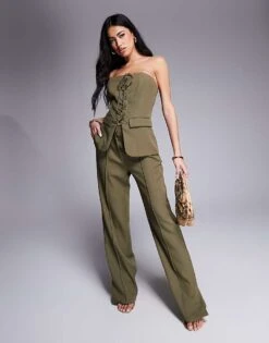 Kaiia Exclusive Bandeau Lace Up Top And Straight Leg Trousers Co-ord In Khaki