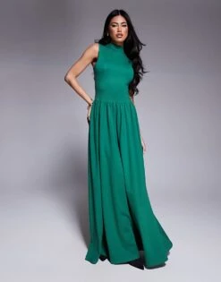 Kaiia Exclusive Sleeveless High Neck Gathered Skirt Maxi Dress In Emerald Green For Women Khaki -Kaiia Online Shop 207588852 1 khaki 1