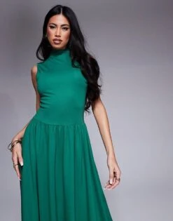 Kaiia Exclusive Sleeveless High Neck Gathered Skirt Maxi Dress In Emerald Green For Women Khaki -Kaiia Online Shop 207588852 4