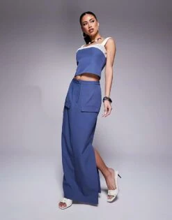 Kaiia Exclusive Contrast Satin Detail Cami Top & Tailored Pocket Detail Skirt Co-ord In Blue -Kaiia Online Shop 207588862 1 blue 1