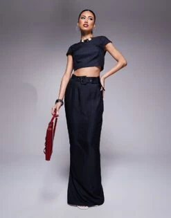 Kaiia Exclusive Boat Neck Cap Sleeve Top & Maxi Skirt Co-ord In Navy Pinstripe
