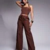 Kaiia Exclusive Lace Up Back Halterneck Top & Wide Leg Trousers Co-ord In Chocolate -Kaiia Online Shop 207588898 2