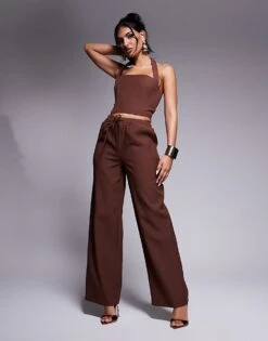 Kaiia Exclusive Lace Up Back Halterneck Top & Wide Leg Trousers Co-ord In Chocolate