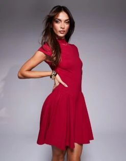 Kaiia Exclusive High Neck Cap Sleeve Pleated Mini Dress In Red For Women