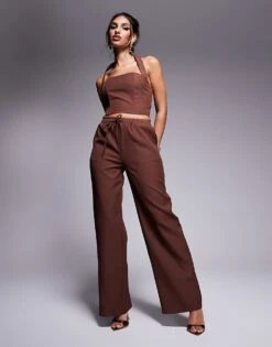 Kaiia Exclusive Lace Up Back Halterneck Top & Wide Leg Trousers Co-ord In Chocolate 9 Kaiia Exclusive Lace Up Back Halterneck Top & Wide Leg Trousers Co-ord In Chocolate -Kaiia Online Shop 207588959 1 brown 1
