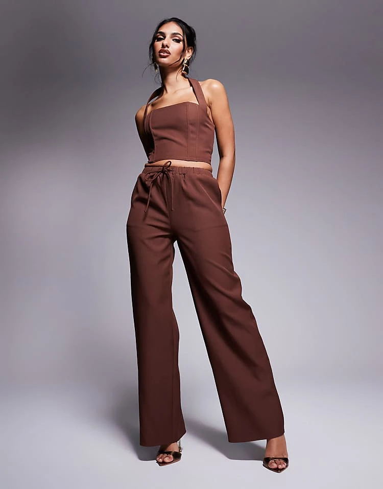 Kaiia Exclusive Lace Up Back Halterneck Top & Wide Leg Trousers Co-ord In Chocolate 5 Kaiia Exclusive Lace Up Back Halterneck Top & Wide Leg Trousers Co-ord In Chocolate - Image 3