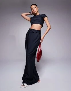 Kaiia Exclusive Boat Neck Cap Sleeve Top & Maxi Skirt Co-ord In Navy Pinstripe -Kaiia Online Shop 207588979 1 navypinstripe