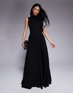 Kaiia Exclusive Sleeveless High Neck Gathered Skirt Maxi Dress In Black For Women -Kaiia Online Shop 207588989 1 black 1