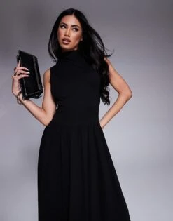 Kaiia Exclusive Sleeveless High Neck Gathered Skirt Maxi Dress In Black For Women -Kaiia Online Shop 207588989 4