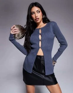 Kaiia Button Through Split Front Longline Cardigan In Charcoal For Women