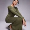 Kaiia Knitted Flare Sleeve Bodycon Maxi Dress In Khaki For Women -Kaiia Online Shop 207611355 1 khaki