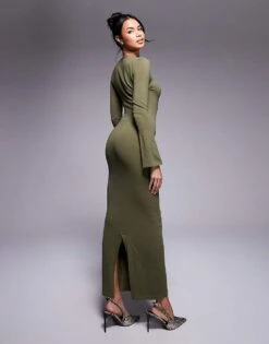 Kaiia Knitted Flare Sleeve Bodycon Maxi Dress In Khaki For Women -Kaiia Online Shop 207611355 4