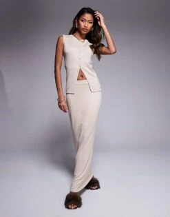 Kaiia Fine Knit Longline Waistcoat And Maxi Skirt Co-ord In Oatmeal