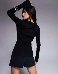 Kaiia Button Through Split Front Longline Knitted Top In Black For Women -Kaiia Online Shop 207611384 4