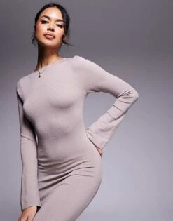 Kaiia Fine Knit Bodycon Flare Sleeve Maxi Dress In Grey For Women -Kaiia Online Shop 207611404 3