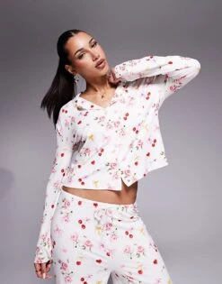 Kaiia Mix And Match Pj Shirt, Short, Bottoms And Robe Co-ord In Cherry Rose Bow Print -Kaiia Online Shop 207625818 1 cherryroseprint