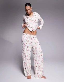 Kaiia Mix And Match Pj Shirt, Short, Bottoms And Robe Co-ord In Cherry Rose Bow Print -Kaiia Online Shop 207625838 1 cherryroseprint