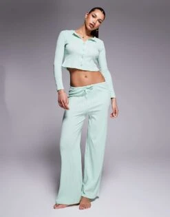 Kaiia Exclusive Pointelle Button Through Pj Top And Bottoms Co-ord In Sage -Kaiia Online Shop 207625868 1 mint 1