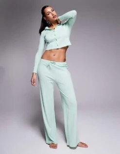 Kaiia Exclusive Pointelle Button Through Pj Top And Bottoms Co-ord In Sage
