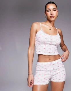 Kaiia Exclusive Pointelle Rose Detail Cami Pj Top And Shorts Co-ord In White Bow Print -Kaiia Online Shop 207625928 1 whitebowprint