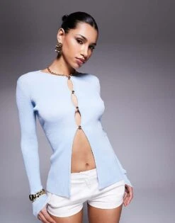 Kaiia Button Through Split Front Longline Cardigan In Soft Blue For Women