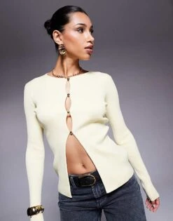 Kaiia Button Through Split Front Longline Cardigan In Butter Yellow For Women