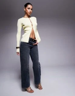 Kaiia Button Through Split Front Longline Cardigan In Butter Yellow For Women -Kaiia Online Shop 207655892 4