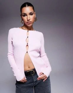 Kaiia Button Through Split Front Longline Cardigan In Fondant Pink For Women