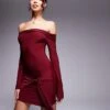 Kaiia Exclusive Slinky Bardot Tie Side Drape Detail Mini Dress In Burgundy For Women -Kaiia Online Shop 207658894 1 burgundy