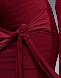 Kaiia Exclusive Slinky Bardot Tie Side Drape Detail Mini Dress In Burgundy For Women -Kaiia Online Shop 207658894 4