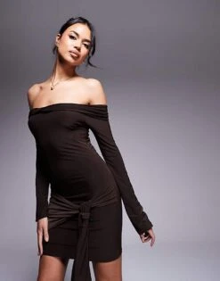 Kaiia Exclusive Slinky Bardot Tie Side Drape Detail Mini Dress In Chocolate Brown For Women -Kaiia Online Shop 207658904 3