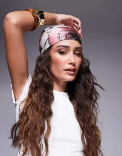 Kaiia Satin Hair Scarf In Pink And Cream Multi Print For Women -Kaiia Online Shop 207678451 1 multi 1