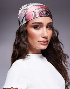 Kaiia Satin Hair Scarf In Pink And Cream Multi Print For Women -Kaiia Online Shop 207678451 3