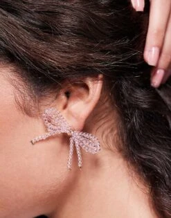 Kaiia Beaded Double Bow Earrings In Pink For Women -Kaiia Online Shop 207678463 3