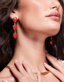 Kaiia Strawberry Charm Drop Earrings In Red And Gold For Women