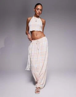 Kaiia Halterneck Crop Top And Maxi Skirt Co-ord In Multicolour Check