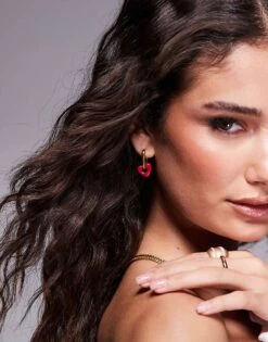 Kaiia Rectangle Hoop Earrings With Heart Charm In Gold For Women Gold/red -Kaiia Online Shop 207678562 1 goldred 1