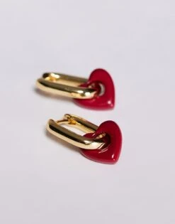Kaiia Rectangle Hoop Earrings With Heart Charm In Gold For Women Gold/red -Kaiia Online Shop 207678562 3