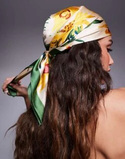 Kaiia Sunflower Floral Printed Satin Head Scarf In Multi For Women -Kaiia Online Shop 207678574 3