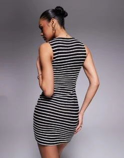 Kaiia Knitted Crew Neck Sleeveless Mini Dress In Mono Stripe For Women -Kaiia Online Shop 207678577 3