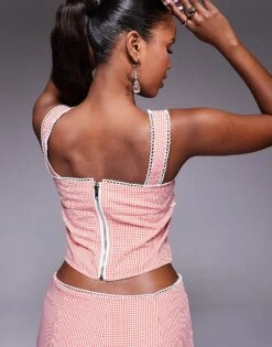 Kaiia Bow Lace Trim Detail Square Neck Crop Top Co-ord In Red Gingham For Women Red Gignham -Kaiia Online Shop 207685277 4