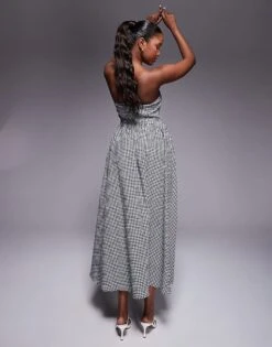 Kaiia Structured Bandeau V Waist Maxi Dress In Black Gingham For Women -Kaiia Online Shop 207685318 3