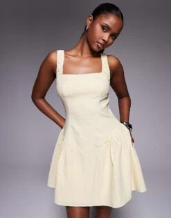 Kaiia Square Neck Ruched Lace Trim Gathered Hip Detail Mini Dress In Yellow Gingham For Women