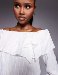 Kaiia Bardot Ruffle Bow Detail Longsleeve Top In White For Women -Kaiia Online Shop 207685357 3