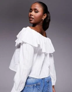 Kaiia Bardot Ruffle Bow Detail Longsleeve Top In White For Women -Kaiia Online Shop 207685357 4